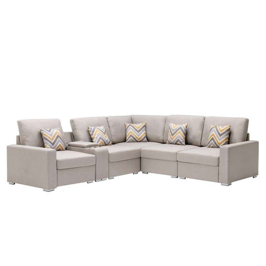 Lilola Home - Nolan Beige Linen Fabric 6Pc Reversible Sectional Sofa with a USB, Charging Ports, Cupholders, Storage Console Table and Pillows and Interchangeable Legs - 89420-2B veiw 1