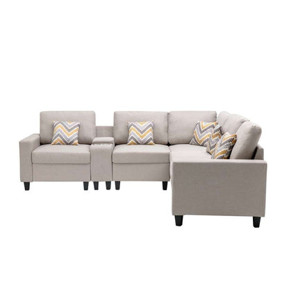 Lilola Home - Nolan Beige Linen Fabric 6Pc Reversible Sectional Sofa with a USB, Charging Ports, Cupholders, Storage Console Table and Pillows and Interchangeable Legs - 89420-2B veiw 3