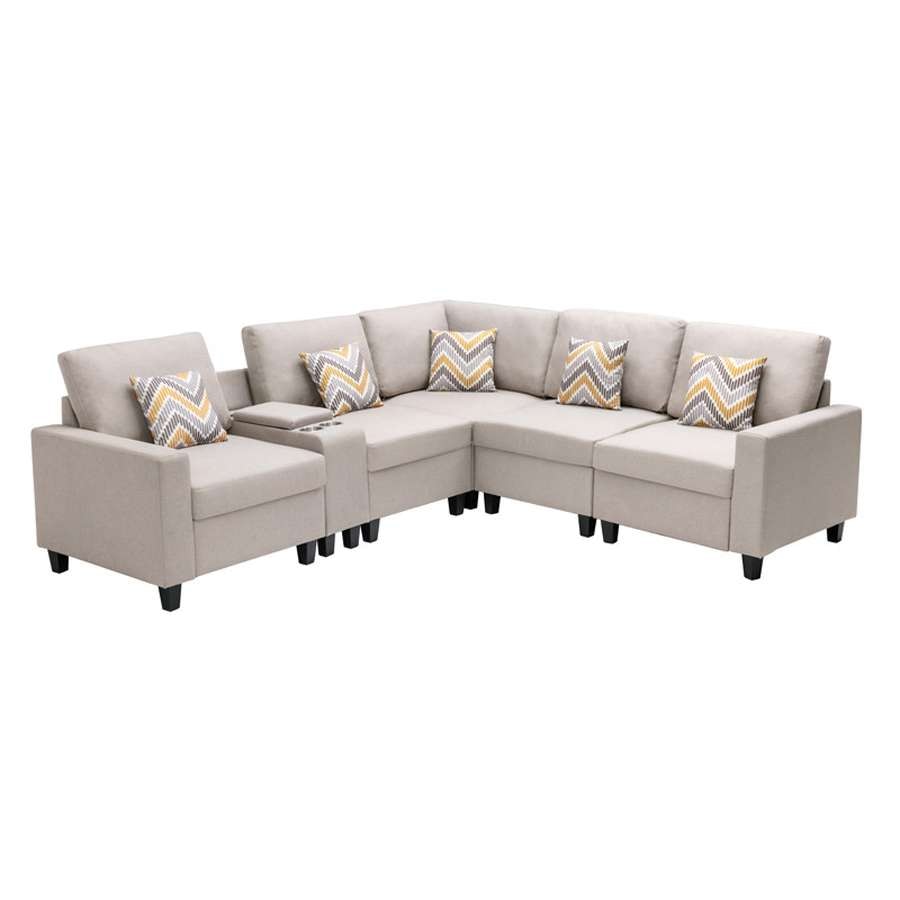 Lilola Home - Nolan Beige Linen Fabric 6Pc Reversible Sectional Sofa with a USB, Charging Ports, Cupholders, Storage Console Table and Pillows and Interchangeable Legs - 89420-2B veiw 4