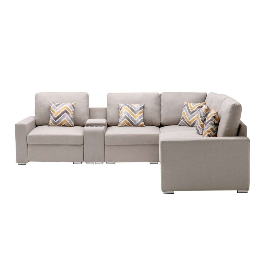 Lilola Home - Nolan Beige Linen Fabric 6Pc Reversible Sectional Sofa with a USB, Charging Ports, Cupholders, Storage Console Table and Pillows and Interchangeable Legs - 89420-2B veiw 5