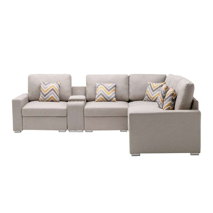 Lilola Home - Nolan Beige Linen Fabric 6Pc Reversible Sectional Sofa with a USB, Charging Ports, Cupholders, Storage Console Table and Pillows and Interchangeable Legs - 89420-2B veiw 5