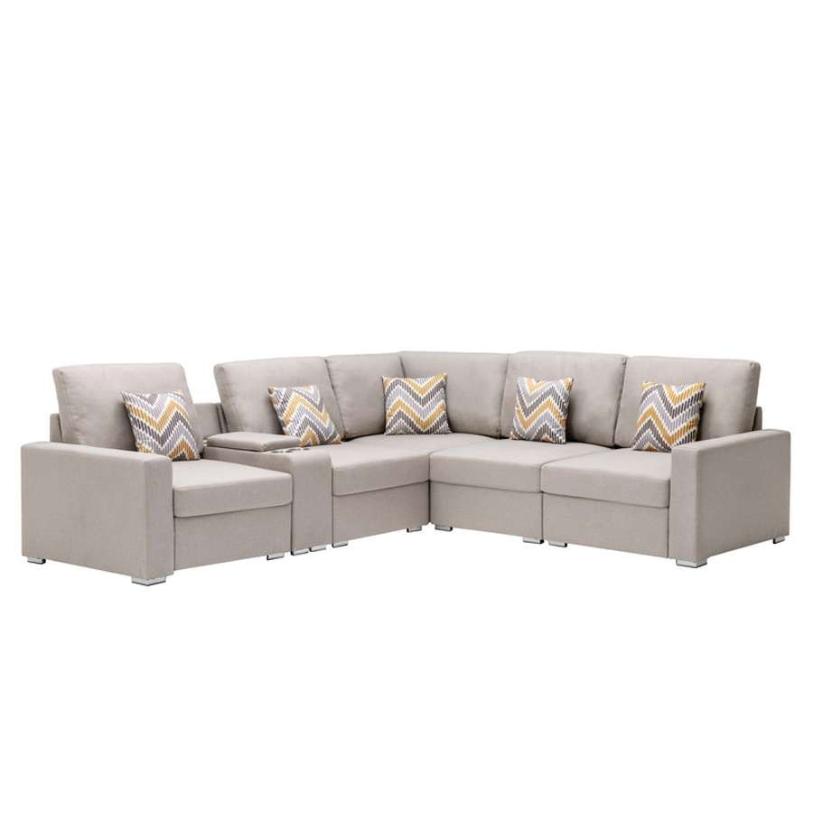 Lilola Home - Nolan Beige Linen Fabric 6Pc Reversible Sectional Sofa with a USB, Charging Ports, Cupholders, Storage Console Table and Pillows and Interchangeable Legs - 89420-2B veiw 6