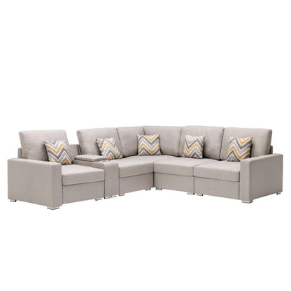 Lilola Home - Nolan Beige Linen Fabric 6Pc Reversible Sectional Sofa with a USB, Charging Ports, Cupholders, Storage Console Table and Pillows and Interchangeable Legs - 89420-2B veiw 6