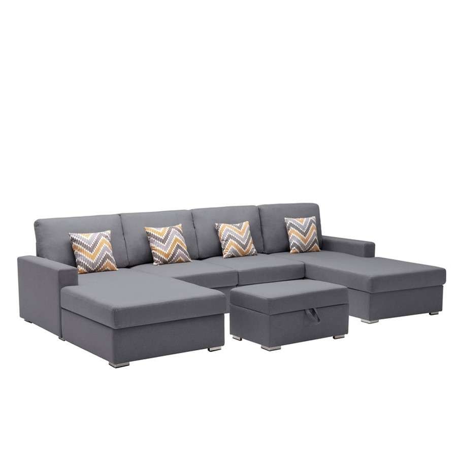 Lilola Home - Nolan Gray Linen Fabric 5Pc Double Chaise Sectional Sofa with Interchangeable Legs, Storage Ottoman, and Pillows - 89425-23 veiw 1