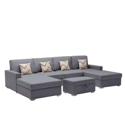 Lilola Home - Nolan Gray Linen Fabric 5Pc Double Chaise Sectional Sofa with Interchangeable Legs, Storage Ottoman, and Pillows - 89425-23 veiw 1