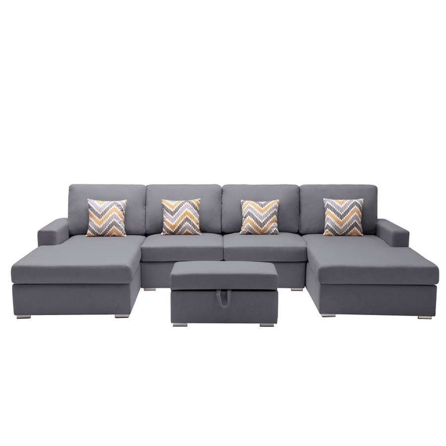Lilola Home - Nolan Gray Linen Fabric 5Pc Double Chaise Sectional Sofa with Interchangeable Legs, Storage Ottoman, and Pillows - 89425-23 veiw 2