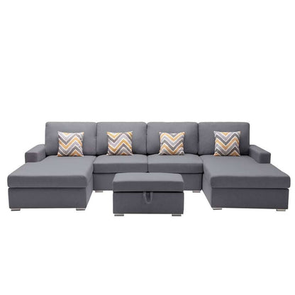 Lilola Home - Nolan Gray Linen Fabric 5Pc Double Chaise Sectional Sofa with Interchangeable Legs, Storage Ottoman, and Pillows - 89425-23 veiw 2