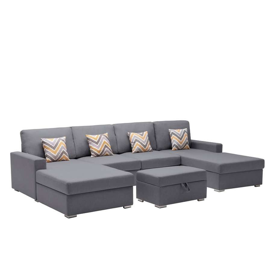 Lilola Home - Nolan Gray Linen Fabric 5Pc Double Chaise Sectional Sofa with Interchangeable Legs, Storage Ottoman, and Pillows - 89425-23 veiw 3