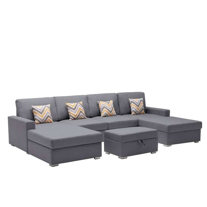 Lilola Home - Nolan Gray Linen Fabric 5Pc Double Chaise Sectional Sofa with Interchangeable Legs, Storage Ottoman, and Pillows - 89425-23 veiw 3