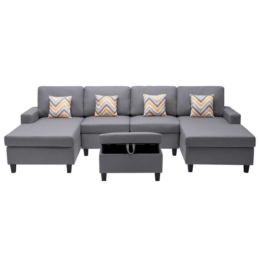 Lilola Home - Nolan Gray Linen Fabric 5Pc Double Chaise Sectional Sofa with Interchangeable Legs, Storage Ottoman, and Pillows - 89425-23 veiw 4