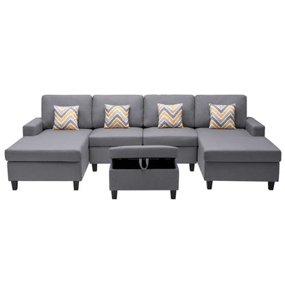 Lilola Home - Nolan Gray Linen Fabric 5Pc Double Chaise Sectional Sofa with Interchangeable Legs, Storage Ottoman, and Pillows - 89425-23 veiw 4