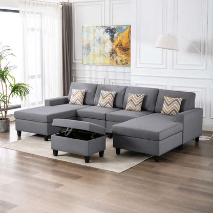 Lilola Home - Nolan Gray Linen Fabric 5Pc Double Chaise Sectional Sofa with Interchangeable Legs, Storage Ottoman, and Pillows - 89425-23 veiw 5
