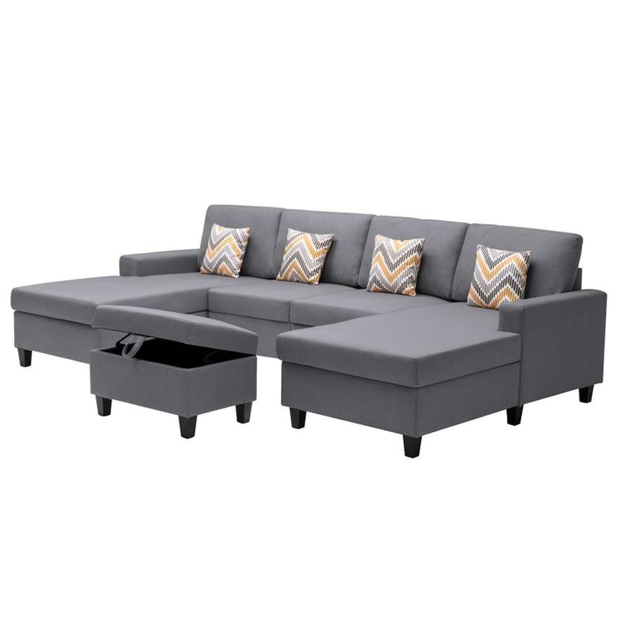 Lilola Home - Nolan Gray Linen Fabric 5Pc Double Chaise Sectional Sofa with Interchangeable Legs, Storage Ottoman, and Pillows - 89425-23 veiw 6