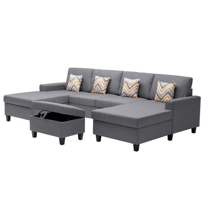 Lilola Home - Nolan Gray Linen Fabric 5Pc Double Chaise Sectional Sofa with Interchangeable Legs, Storage Ottoman, and Pillows - 89425-23 veiw 6