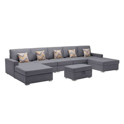 Lilola Home - Nolan Gray Linen Fabric 6Pc Double Chaise Sectional Sofa with Interchangeable Legs, Storage Ottoman, and Pillows - 89425-24 veiw 1