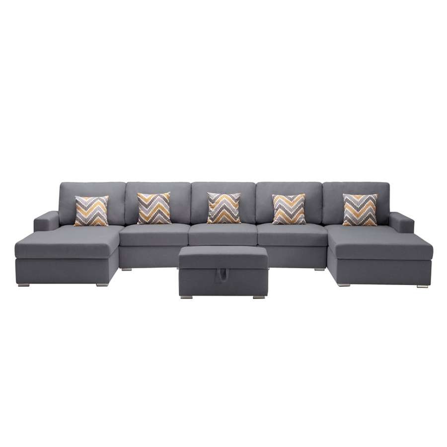 Lilola Home - Nolan Gray Linen Fabric 6Pc Double Chaise Sectional Sofa with Interchangeable Legs, Storage Ottoman, and Pillows - 89425-24 veiw 2