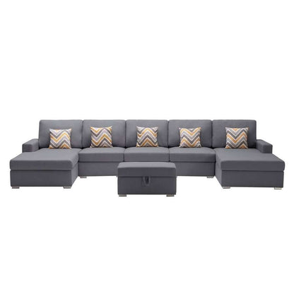 Lilola Home - Nolan Gray Linen Fabric 6Pc Double Chaise Sectional Sofa with Interchangeable Legs, Storage Ottoman, and Pillows - 89425-24 veiw 2
