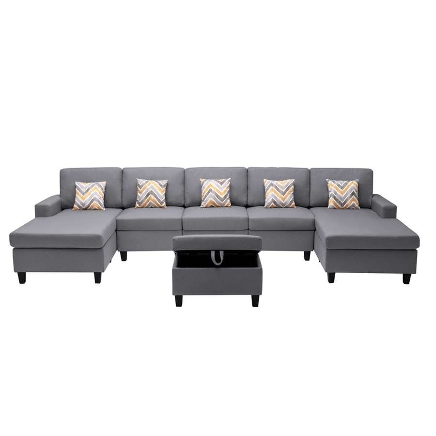 Lilola Home - Nolan Gray Linen Fabric 6Pc Double Chaise Sectional Sofa with Interchangeable Legs, Storage Ottoman, and Pillows - 89425-24 veiw 4