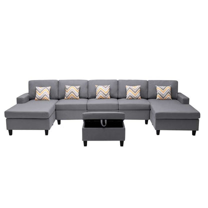 Lilola Home - Nolan Gray Linen Fabric 6Pc Double Chaise Sectional Sofa with Interchangeable Legs, Storage Ottoman, and Pillows - 89425-24 veiw 4