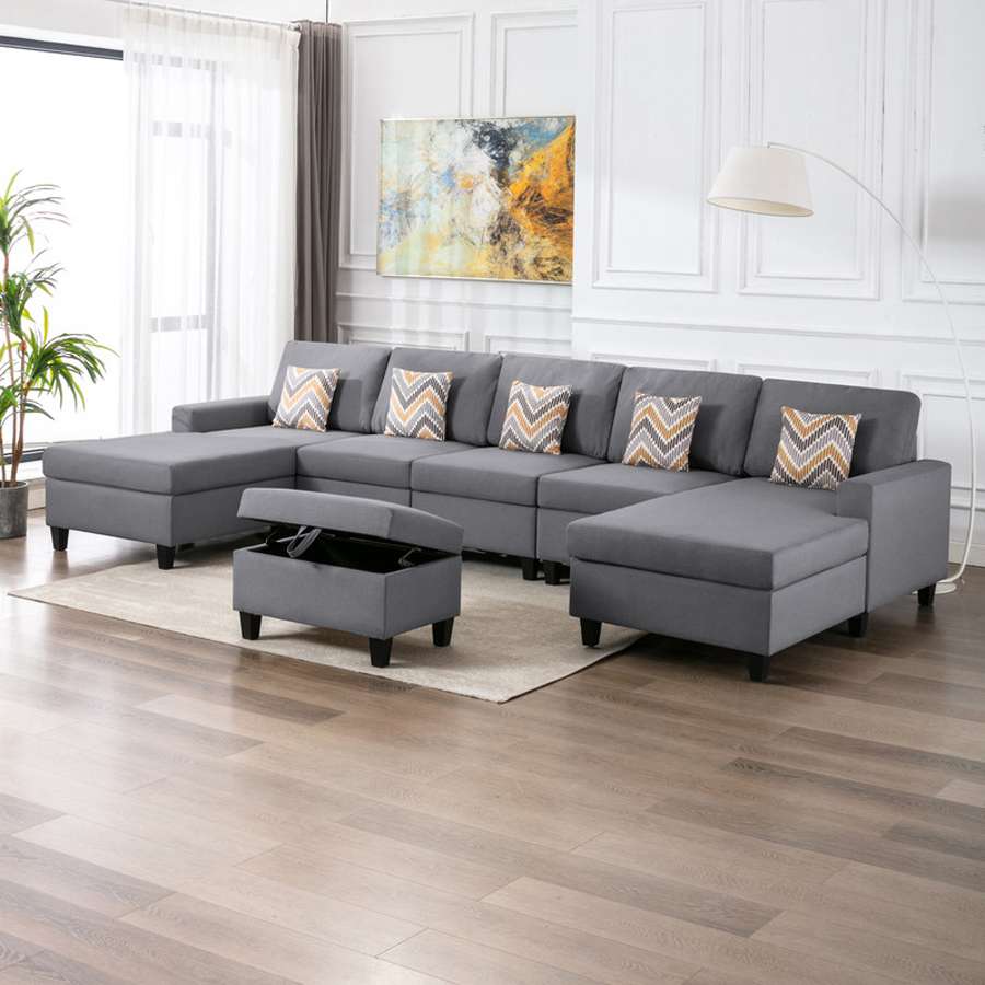 Lilola Home - Nolan Gray Linen Fabric 6Pc Double Chaise Sectional Sofa with Interchangeable Legs, Storage Ottoman, and Pillows - 89425-24 veiw 5