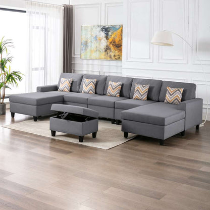 Lilola Home - Nolan Gray Linen Fabric 6Pc Double Chaise Sectional Sofa with Interchangeable Legs, Storage Ottoman, and Pillows - 89425-24 veiw 5