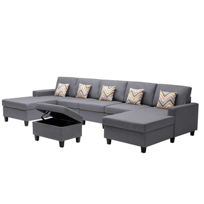 Lilola Home - Nolan Gray Linen Fabric 6Pc Double Chaise Sectional Sofa with Interchangeable Legs, Storage Ottoman, and Pillows - 89425-24 veiw 6