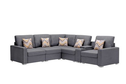Lilola Home - Nolan Gray Linen Fabric 6Pc Reversible Sectional Sofa with a USB, Charging Ports, Cupholders, Storage Console Table and Pillows and Interchangeable Legs - 89425-2A veiw 1