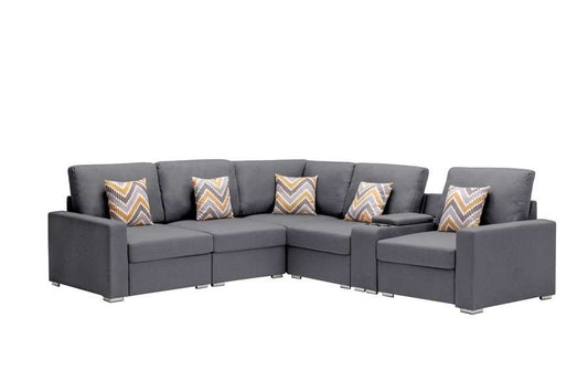 Lilola Home - Nolan Gray Linen Fabric 6Pc Reversible Sectional Sofa with a USB, Charging Ports, Cupholders, Storage Console Table and Pillows and Interchangeable Legs - 89425-2A veiw 1