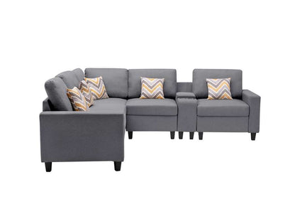 Lilola Home - Nolan Gray Linen Fabric 6Pc Reversible Sectional Sofa with a USB, Charging Ports, Cupholders, Storage Console Table and Pillows and Interchangeable Legs - 89425-2A veiw 2