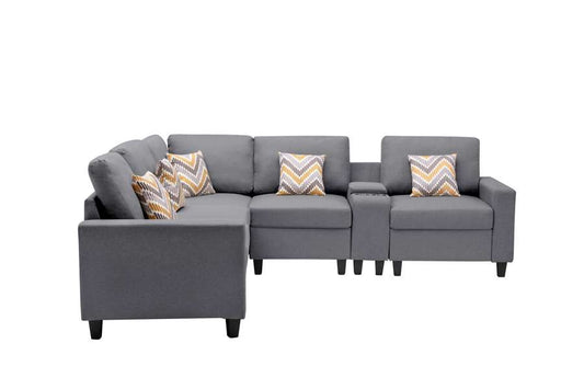 Lilola Home - Nolan Gray Linen Fabric 6Pc Reversible Sectional Sofa with a USB, Charging Ports, Cupholders, Storage Console Table and Pillows and Interchangeable Legs - 89425-2A veiw 2