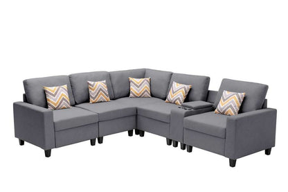 Lilola Home - Nolan Gray Linen Fabric 6Pc Reversible Sectional Sofa with a USB, Charging Ports, Cupholders, Storage Console Table and Pillows and Interchangeable Legs - 89425-2A veiw 3