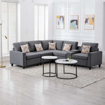 Lilola Home - Nolan Gray Linen Fabric 6Pc Reversible Sectional Sofa with a USB, Charging Ports, Cupholders, Storage Console Table and Pillows and Interchangeable Legs - 89425-2A veiw 4
