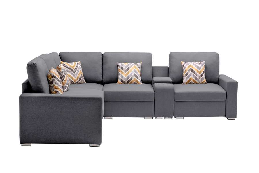 Lilola Home - Nolan Gray Linen Fabric 6Pc Reversible Sectional Sofa with a USB, Charging Ports, Cupholders, Storage Console Table and Pillows and Interchangeable Legs - 89425-2A veiw 5