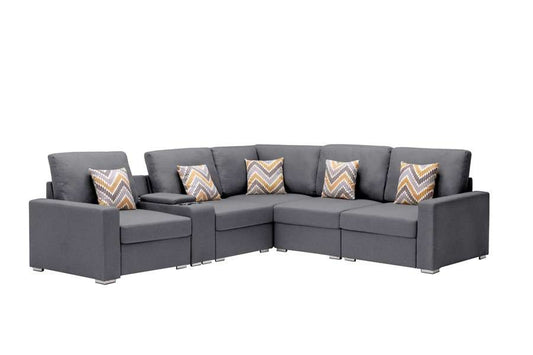 Lilola Home - Nolan Gray Linen Fabric 6Pc Reversible Sectional Sofa with a USB, Charging Ports, Cupholders, Storage Console Table and Pillows and Interchangeable Legs - 89425-2B veiw 1