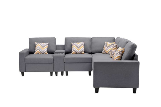 Lilola Home - Nolan Gray Linen Fabric 6Pc Reversible Sectional Sofa with a USB, Charging Ports, Cupholders, Storage Console Table and Pillows and Interchangeable Legs - 89425-2B veiw 2