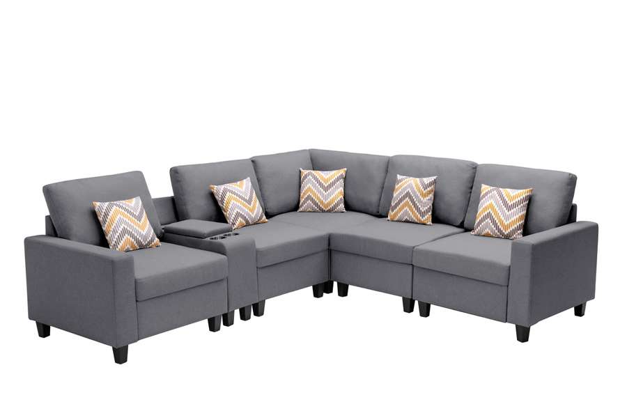 Lilola Home - Nolan Gray Linen Fabric 6Pc Reversible Sectional Sofa with a USB, Charging Ports, Cupholders, Storage Console Table and Pillows and Interchangeable Legs - 89425-2B veiw 3