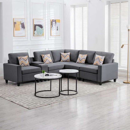 Lilola Home - Nolan Gray Linen Fabric 6Pc Reversible Sectional Sofa with a USB, Charging Ports, Cupholders, Storage Console Table and Pillows and Interchangeable Legs - 89425-2B veiw 4