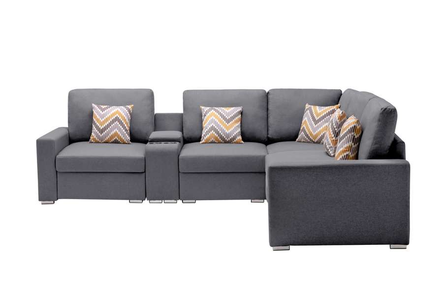 Lilola Home - Nolan Gray Linen Fabric 6Pc Reversible Sectional Sofa with a USB, Charging Ports, Cupholders, Storage Console Table and Pillows and Interchangeable Legs - 89425-2B veiw 5