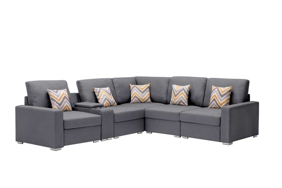 Lilola Home - Nolan Gray Linen Fabric 6Pc Reversible Sectional Sofa with a USB, Charging Ports, Cupholders, Storage Console Table and Pillows and Interchangeable Legs - 89425-2B veiw 6