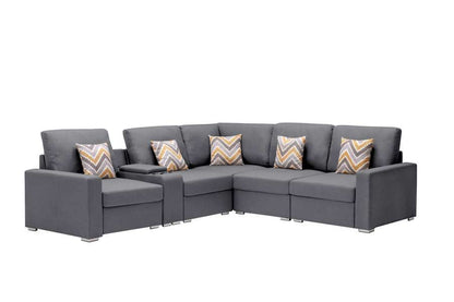 Lilola Home - Nolan Gray Linen Fabric 6Pc Reversible Sectional Sofa with a USB, Charging Ports, Cupholders, Storage Console Table and Pillows and Interchangeable Legs - 89425-2B veiw 6