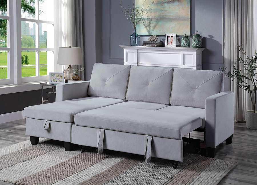 Lilola Home - Nova Light Gray Velvet Reversible Sleeper Sectional Sofa with Storage Chaise - 89332LG veiw 4