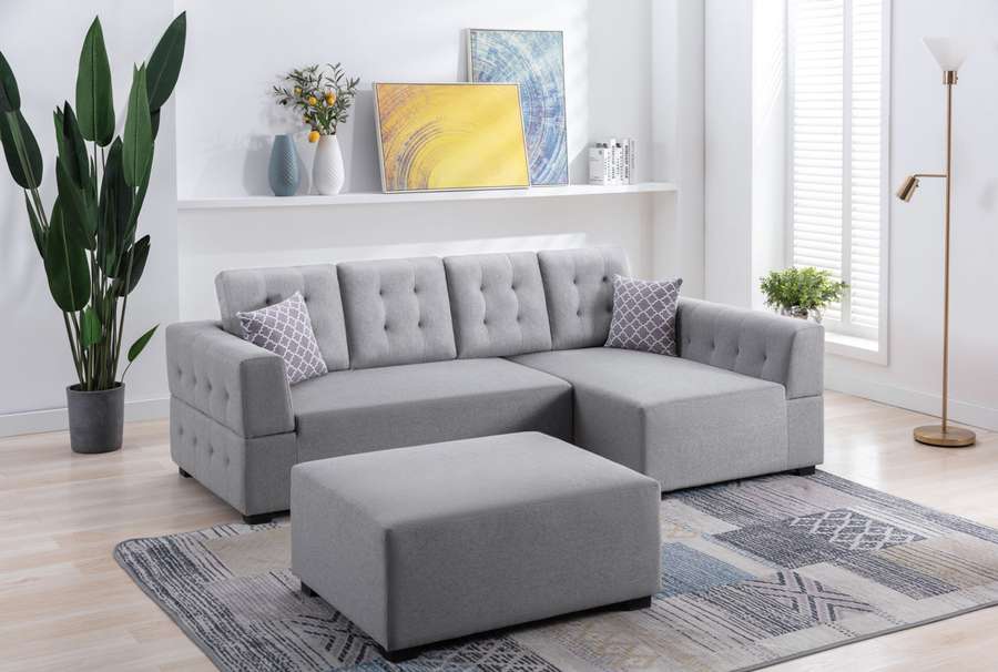 Lilola Home - Ordell Light Gray Linen Fabric Sectional Sofa with Right Facing Chaise Ottoman and Pillows - 89717LG veiw 5