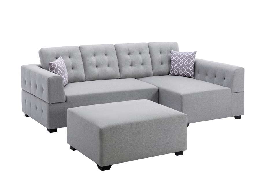Lilola Home - Ordell Light Gray Linen Fabric Sectional Sofa with Right Facing Chaise Ottoman and Pillows - 89717LG veiw 6