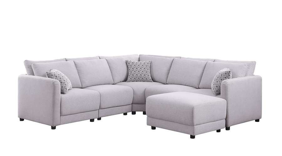 Lilola Home - Penelope Light Gray Linen Fabric Reversible L-Shape Sectional Sofa with Ottoman and Pillows - 89126-11B veiw 2