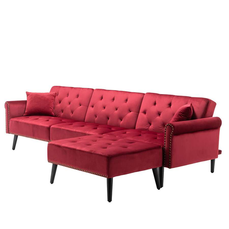 Lilola Home - Piper Jujube Red Velvet Sofa Bed with Ottoman and 2 Accent Pillows - 87842RD veiw 2