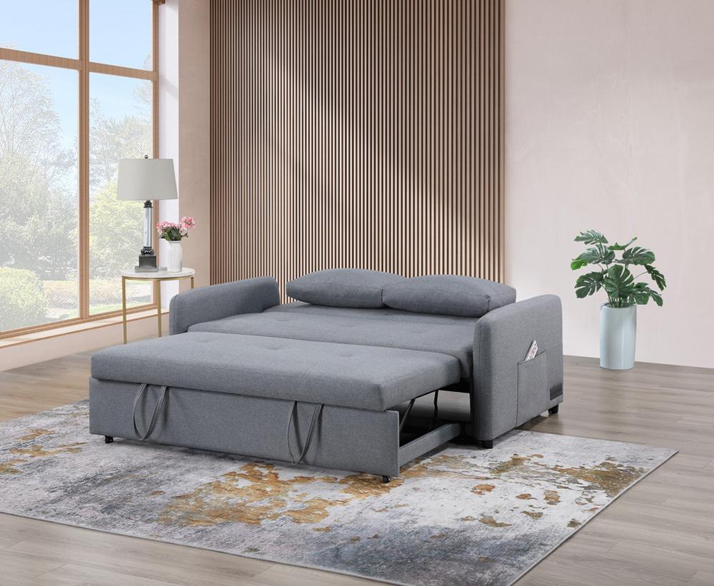 Lilola Home - Radella 69inW Gray Linen Convertible Sleeper Loveseat with USB Ports, Power Sockets, Pockets, Pillows, Tufting - 81630 veiw 4