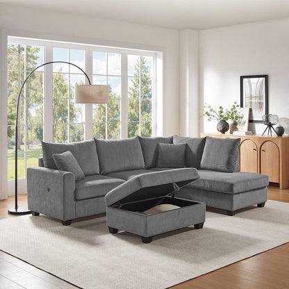 Lilola Home - Rowan 107"W Dark Gray Corduroy Fabric Sectional Sofa with Right Facing Chaise, USB & USB-C Charging Port, Storage Ottoman, and Pillows - 83220