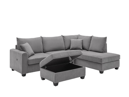 Lilola Home - Rowan 107"W Dark Gray Corduroy Fabric Sectional Sofa with Right Facing Chaise, USB & USB-C Charging Port, Storage Ottoman, and Pillows - 83220
