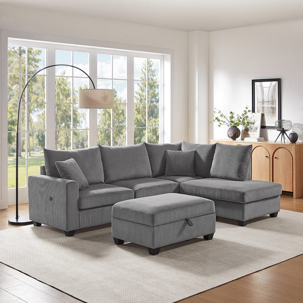 Lilola Home - Rowan 107"W Dark Gray Corduroy Fabric Sectional Sofa with Right Facing Chaise, USB & USB-C Charging Port, Storage Ottoman, and Pillows - 83220