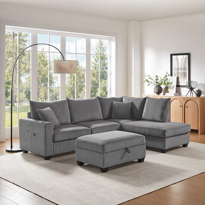 Lilola Home - Rowan 107"W Dark Gray Corduroy Fabric Sectional Sofa with Right Facing Chaise, USB & USB-C Charging Port, Storage Ottoman, and Pillows - 83220